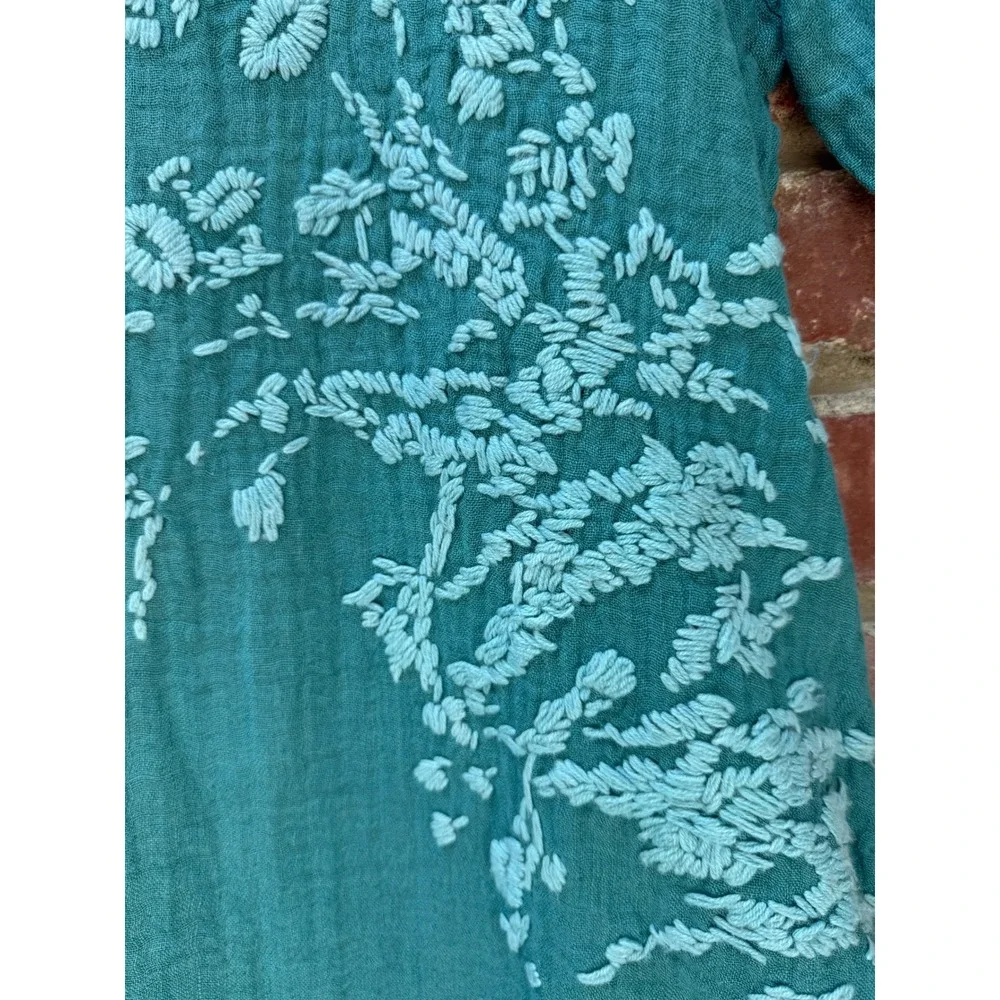Peacock Ways 100% Linen Gauze Embroidered Tunic Dress Teal‎  Lagenlook Boho L